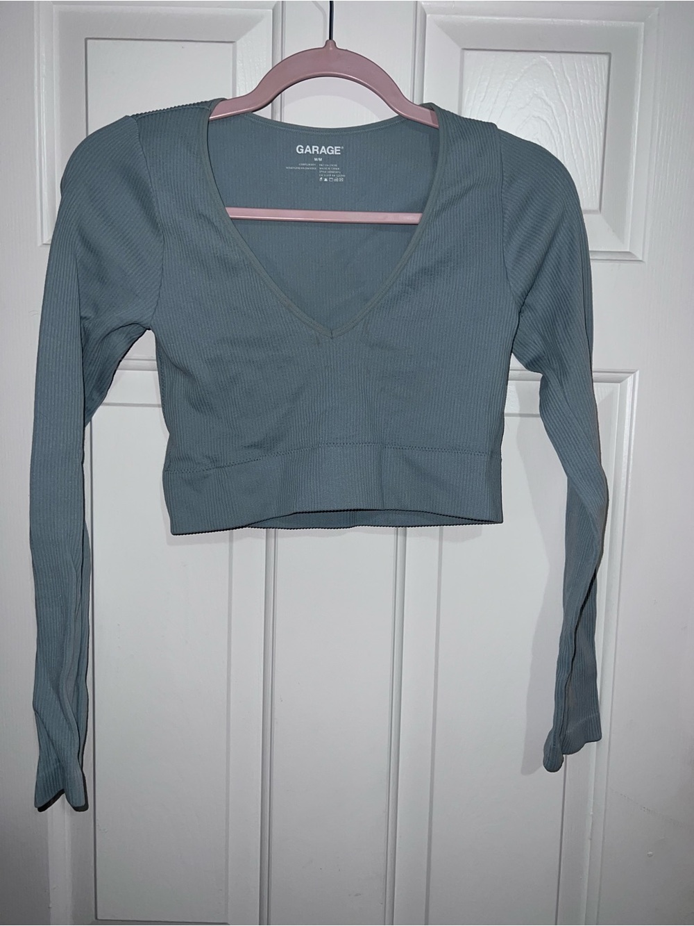 Garage Ribbed V-Neck Cropped Long Sleeve Top in Dusty Blue